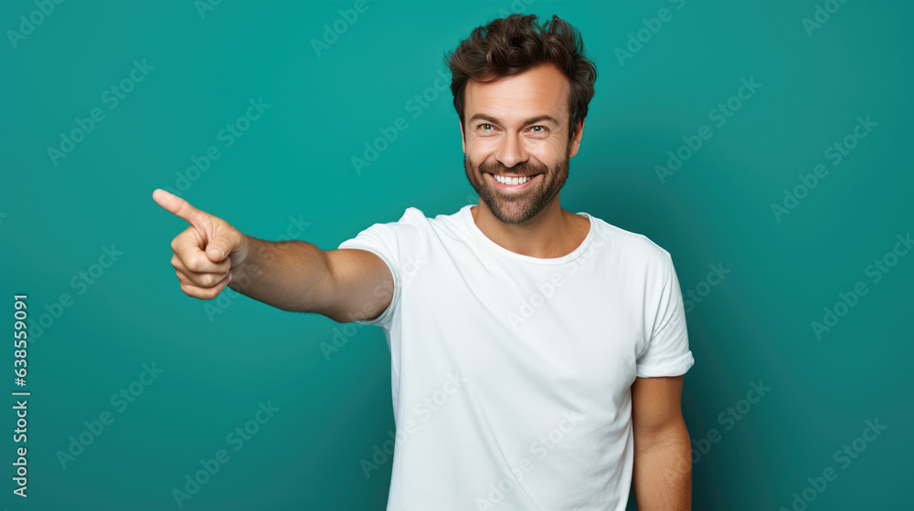 Wall mural Middle aged man wearing cwhite T-shirt pointing with hand and finger to the side looking at the camera.