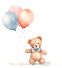 Teddy bear with balloons watercolor illustration isolated on transparent background