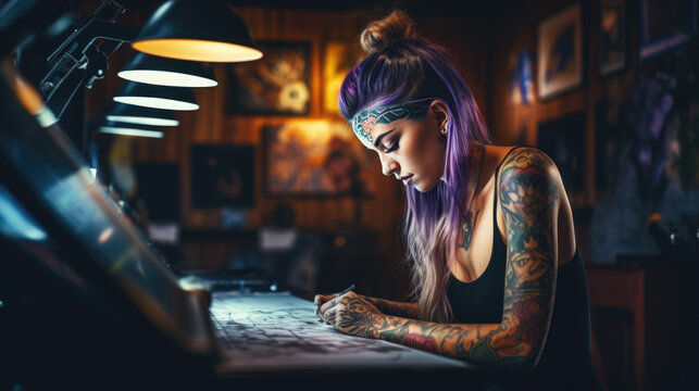 Woman master in a tattoo parlor makes a sketch of a future tattoo