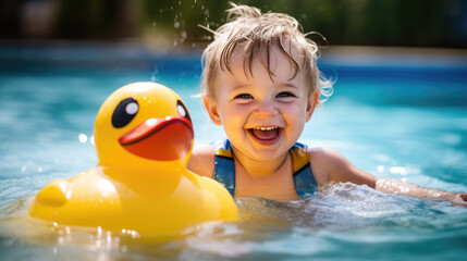 Little boy swims in a pool on a yellow inflatable duckling over the weekend.