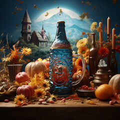 Big beer bottle on table with fruits