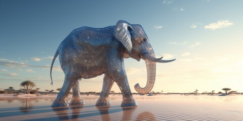 surreal holographic elephant walks in desert water hot sunny afternoon. surrealism, simultaneously an aesthetic art mood. Long horizontal banner. Generative AI. - obrazy, fototapety, plakaty
