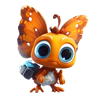 Cartoon butterfly with a camera on a white background (3d render)