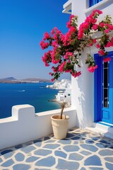 Professional Shot of a Mediterranea House in Greece. Amazing Magenta Flowers creating this shot Captivating. 