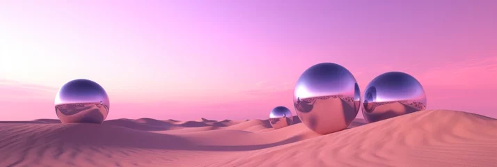 Photo sur Aluminium Violet landscape desert lonely with purple steel mirror sphere orbit. surrealism pink sky sunset, simultaneously aesthetic. Long horizontal banner. Generative AI. 