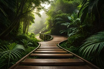 Hidden jungle path leading through thick foliage and a wooden path in jungle generated by AI tool