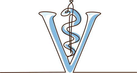 Veterinary symbol - caduceus snake with stick. Continuous one line