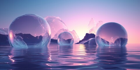 Surreal landscape. sea with floating transparent glass soap bubble spheres on surface water. surrealism, simultaneously an aesthetic. Long horizontal banner. Generative AI. Blue and pink pastel colors - obrazy, fototapety, plakaty