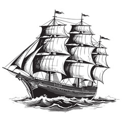 An old sailing ship on the sea waves. Vector drawing isolated on white background.