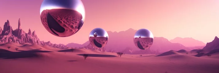 Fototapeten Artistic landscape of Prairie with purple floating steel mirror sphere orbit balls. surrealism pink sky sunset, simultaneously aesthetic. Long horizontal banner. Generative AI. alternative reality © Iryna Dreams