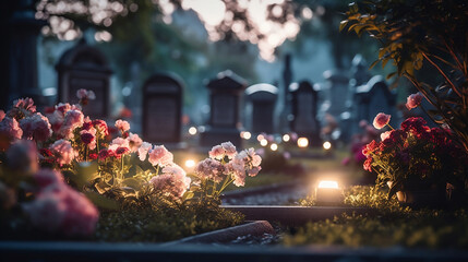 Płyty nagrobkowe na cmentarzu katolickim udekorowane kwiatami w Dzień Zaduszny - obrazy, fototapety, plakaty