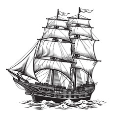 An old sailing ship on the sea waves. Vector drawing isolated on white background.