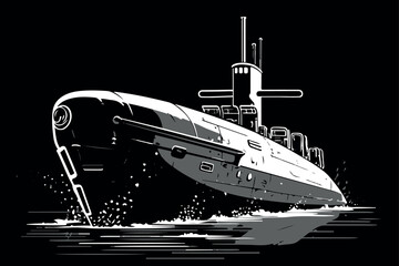 Submarine at sea. Vector drawing isolated on black background. - obrazy, fototapety, plakaty