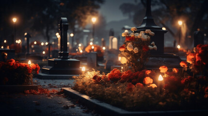 Czas modlitwy za zmarłych na cmentarzu w noc Wszystkich Świętych 1 listopada - obrazy, fototapety, plakaty