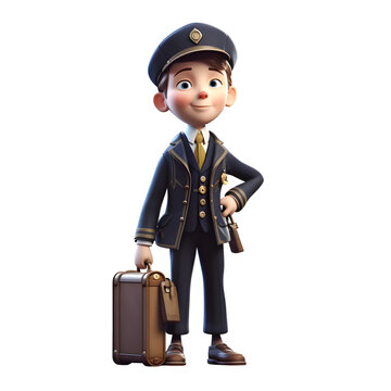 3d illustration of little boy with pilot's hat and briefcase