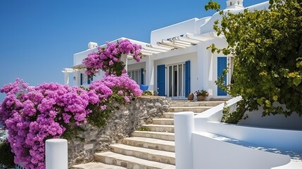 Professional Shot of a Mediterranea House in Greece. Amazing Magenta Flowers creating this shot Captivating. 