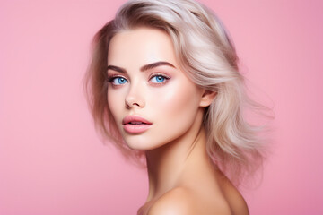 Generative IA picture of young girl natural beauty spa salon concept over pink pastel color background - obrazy, fototapety, plakaty
