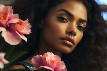 Generative AI image of gorgeous girl enjoying spring season fresh smell of exotic flowers