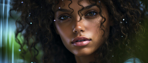 Generative AI portrait of happy charming girl in a tropical forest surrounded by green leaves enjoying nature under rainy shower