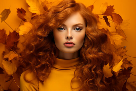 Generative AI picture of attractive redhead woman model symbolizing autumn season over background