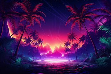 Generative ai collage image picture of mysterious jungle with neon bright vivid lights under night sky