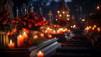 Obrazy na Plexi  Róże i świece na grobach zmarłych na cmentarzu nocą we Wszystkich Świętych