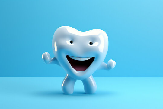 Generative AI bright picture of white cute funny smiling tooth characters with faces isolated on blue turquoise color background