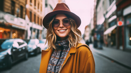 a stylish woman exploring a vibrant city her coat and smile adding a touch of vibrancy to the urban landscape capturing the essence of urban adventure.
