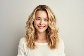 Obraz premium Illustration generative AI collage amazing beauty blonde woman smiling toothy beaming isolated pastel color background