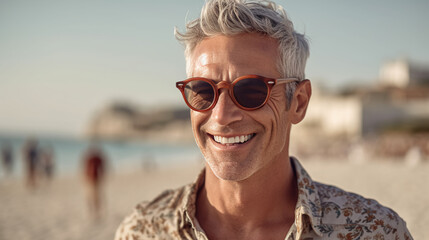 a man embracing the coastal allure his sunglasses adding a touch of allure. With a genuine smile he embodies the epitome of leisure amidst the sand and sea. 