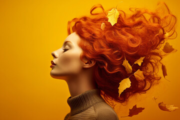 Generative AI picture of attractive redhead woman model symbolizing autumn season over background