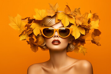 Generative AI picture of attractive redhead woman model symbolizing autumn season over background