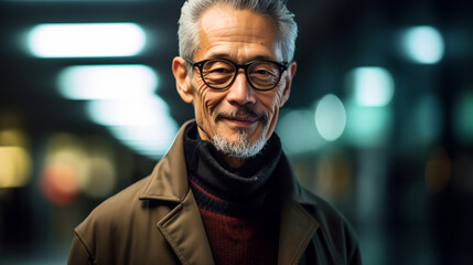 Obraz premium a visionary man donning a futuristic coat his enigmatic smile embodying innovation and forward-thinking