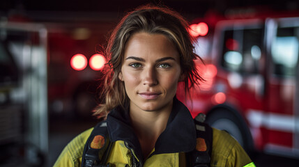 a dedicated female firefighter in her gear standing confidently in front of a fire truck ready to respond to emergencies