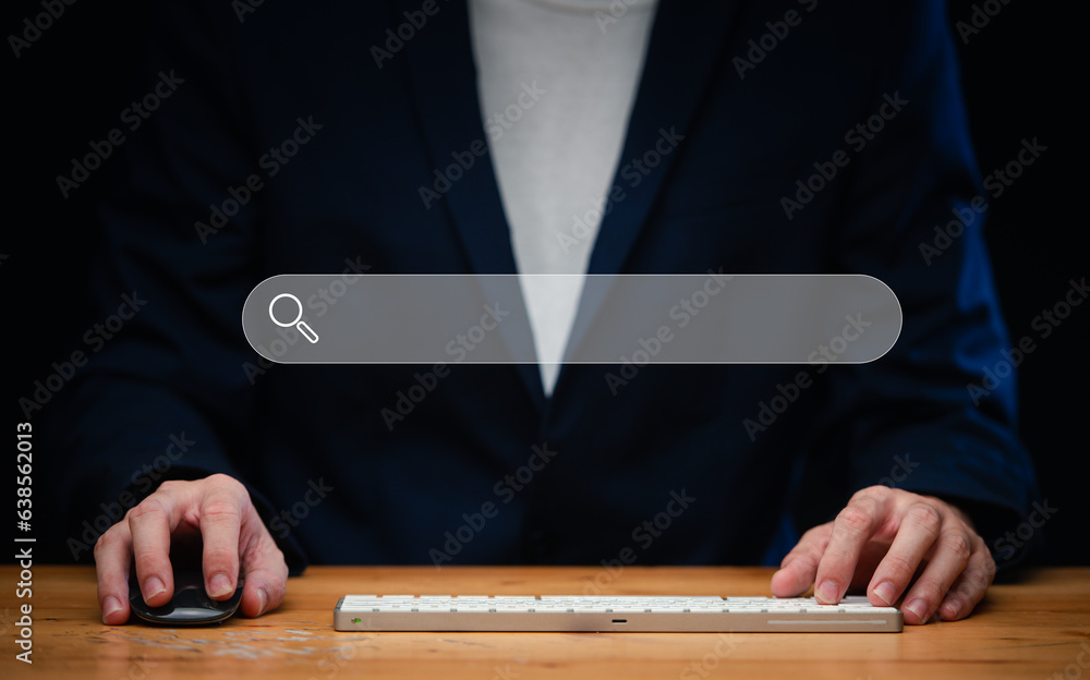 Poster searching browsing internet data information with blank search bar.hand of businessman working with 