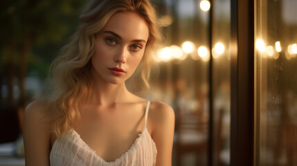 a graceful lady her makeup embracing soft and ethereal tones that perfectly complement her gentle demeanor as she gets ready to attend a serene outdoor gathering under the stars. 