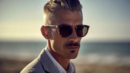 a man of sophistication his sunglasses reflecting the beach's serenity. With a contemplative expression he enjoys the waves' symphony creating a harmonious blend of relaxation 