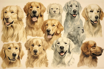 Generative AI vintage poster illustration of golden retriever dog