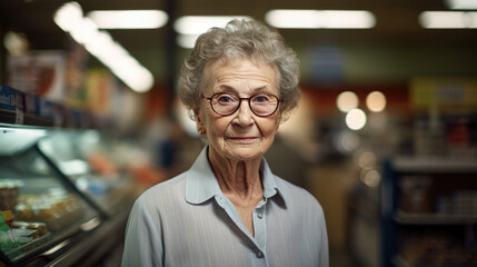 Obraz premium Senior woman standing in a supermarket on a blurred background