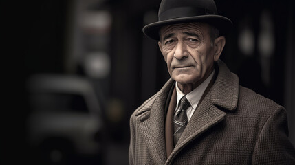 a contemplative man donning a vintage-inspired coat his enigmatic smile carrying echoes of stories from the past.