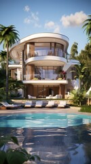Fototapeta premium Ultra Luxurious Exterior Design of a Tropical Modern Villa with a Relax Zone and a Pool.