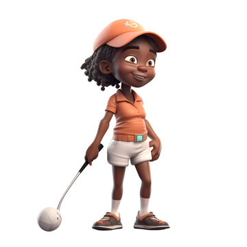 3D Render of an African American Little Girl with a Golf Club