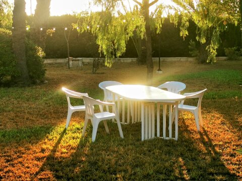 Mesa blanca con cinco sellas blancas sobre c&eacute;sped verde en un jard&iacute;n id&iacute;lico al amanecer.
