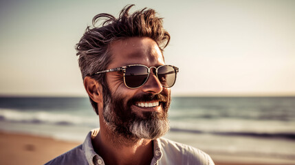Portrait a man enjoying the coastal ambiance his sunglasses reflecting the ocean's brilliance. 
