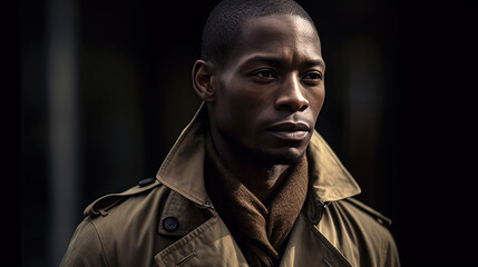 Obraz premium a contemplative man in a classic trench coat his enigmatic smile hinting at a world of thoughts and reflections. 