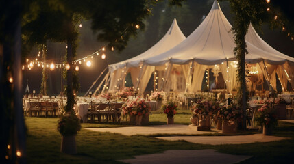 Wesele w plenerze nocą - sala weselna pod namiotami w ogrodzie w plenerze. Girlandy i stoły udekorowane kwiatami - obrazy, fototapety, plakaty