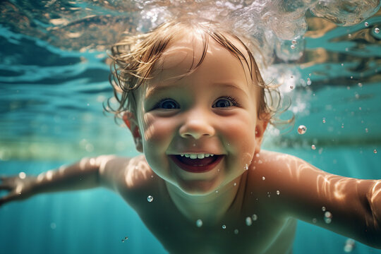 Portrait of happy girl boy having fun swimming pool under water enjoying summer holidays in aqua park center generative AI