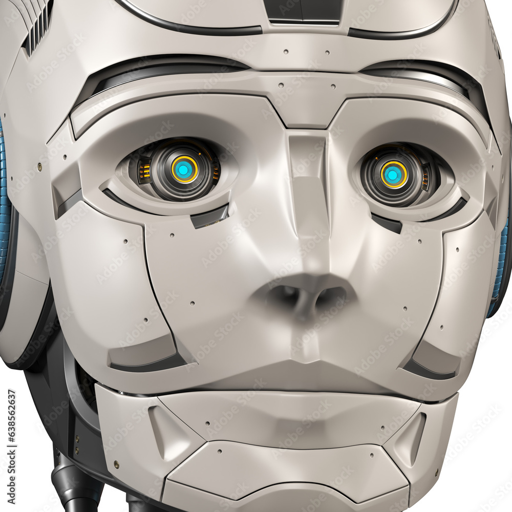 Poster closeup view of detailed robot face or cyborg head on transparent background. 3d rendering