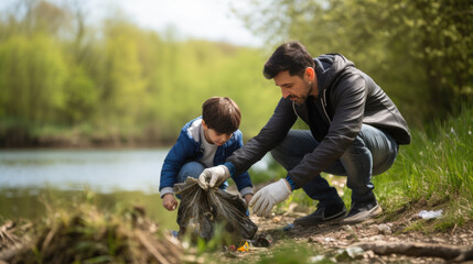 Naklejka na ściany i meble Father and son clear the forest of garbage by collecting it in bags