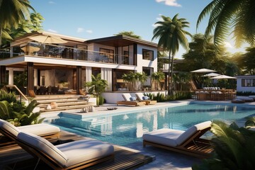 Fototapeta premium Ultra Luxurious Exterior Design of a Tropical Modern Villa with a Relax Zone and a Pool.